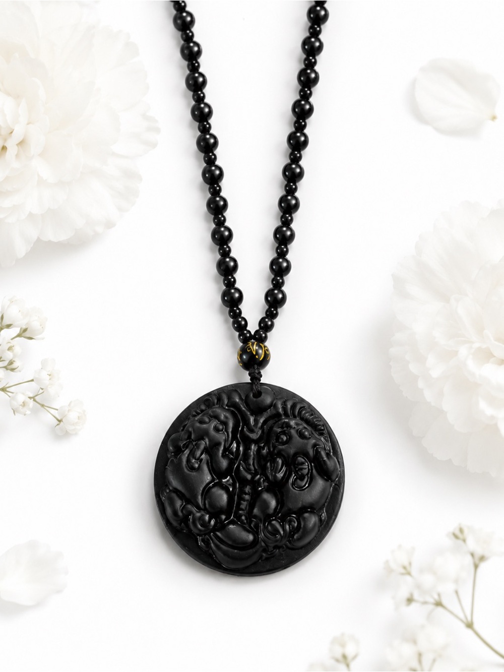Black Carved Round Pendant Beaded Necklace - Women's Jewelry